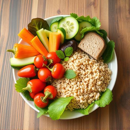 Illustration of a plate with a balanced meal consisting of vegetables, protein, and grains