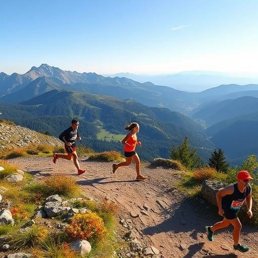 People running on a scenic trail in the mountains, depicting an active lifestyle
